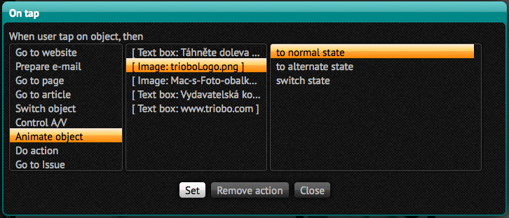 Triobo on tap action setup