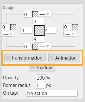 Tlačítka Animace a Transformace